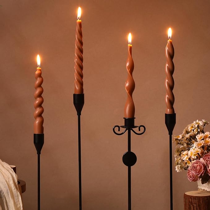 Nuanchu 4 Pcs Twisted Taper Candles Wax Unscented Smokeless Spiral Swirl Candlesticks for Wedding Holiday Dinner Party Home Decorations(7.87 Inch,Pure,Brown)