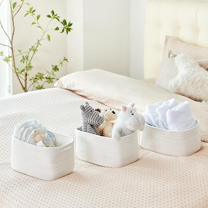 R RUNKA Small Cotton Rope Basket – Storage Bin for Organizing (10.6" x 6.7" x 6.7"), Bathroom Storage Basket for Shelf, Counter & Closet（White）