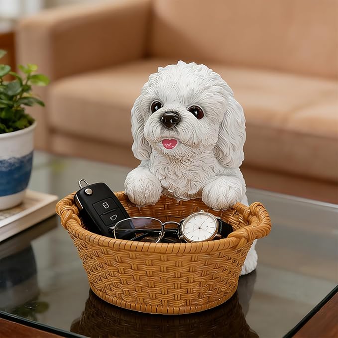 Dog Resin Storage Basket, Desktop Organizer for Remote & Keys, Cute Home Decor Tray, Ideal present for Pet Lovers.(White Bichon Frise)