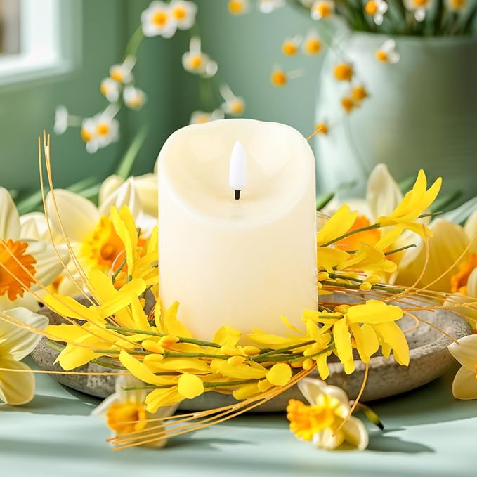 Daifunli 2 Pcs Spring Forsythia Candle Rings Artificial Forsythia Farmhouse Wreaths for Pillar 3.9 Inch Candles Holder for Spring Summer Rustic Table Centerpiece Decor