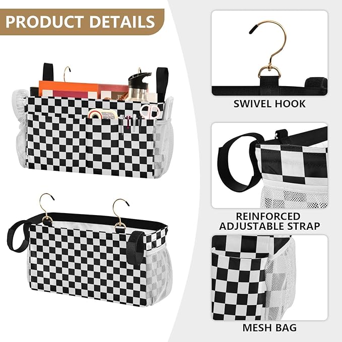 Black White Checkerboard Print Bedside Caddy Storage Bag Bedside Organizer for Bunk Bed Headboards College Organizer Caddy Hanging Shelf 6 Pockets with Hooks for Drinks Magazine Phone Holder