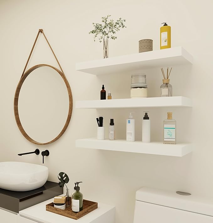 Vervida White Floating Shelves for Wall 24" W x 7.9" D x 1.5" H, Modern Style, for Living Room, Bedroom, Bathroom, Kitchen, Office, Storage, Display, with Invisible Brackets Wall Shelves(3 Pack)