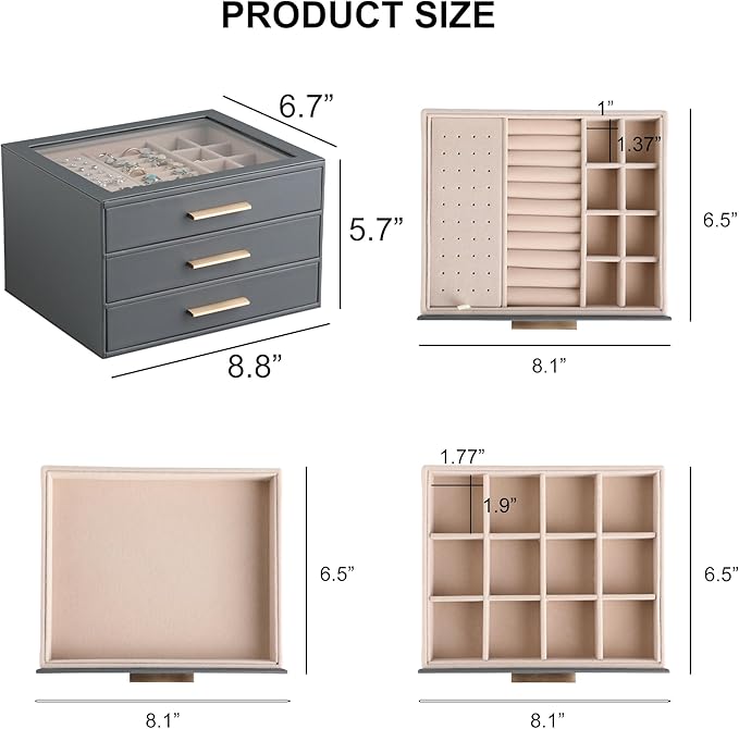 Frebeauty Clear Lid Jewelry Box,3-Layer Jewelry Organizer with Drawer,PU Leather Jewelry Organizers and Storage,Jewelry Boxes for Women,Jewelry Storage for Rings Earring Stud,Gift for Women(Grey)