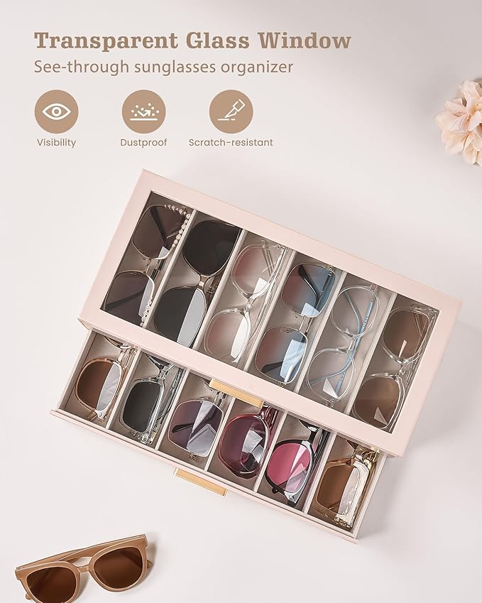 Lolalet Sunglasses Storage Box for Women, Eyewear Eye Glass Organizer with Clear Top Display Holder Case, Mothers Day Gifts