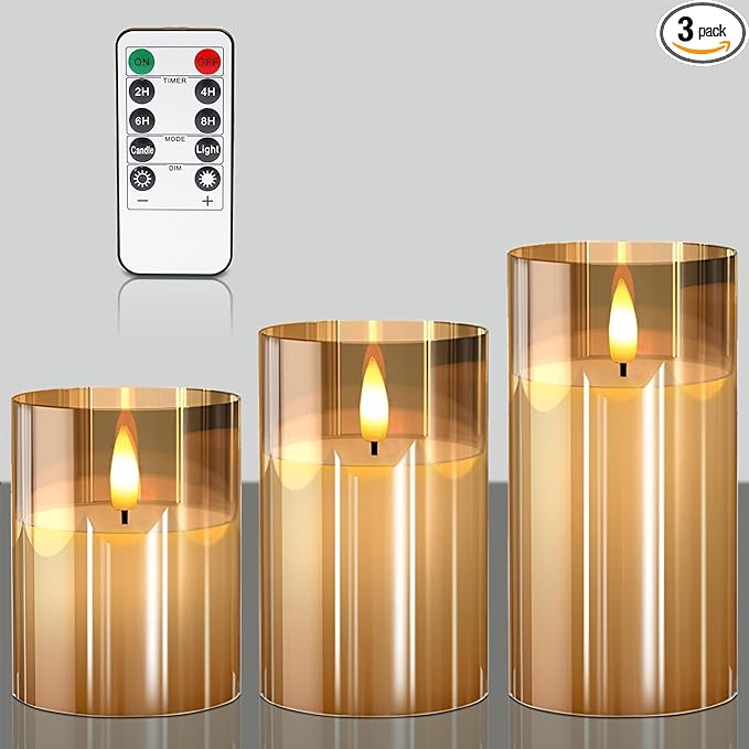 VIEWELLD Glass Flameless Candles with Remote and Timer, Battery Operated Candles, LED Pillar Candles, Electric Fake Candles, Real Wax Set of 3, Christmas Home Wedding Birthday Decor(Gold)