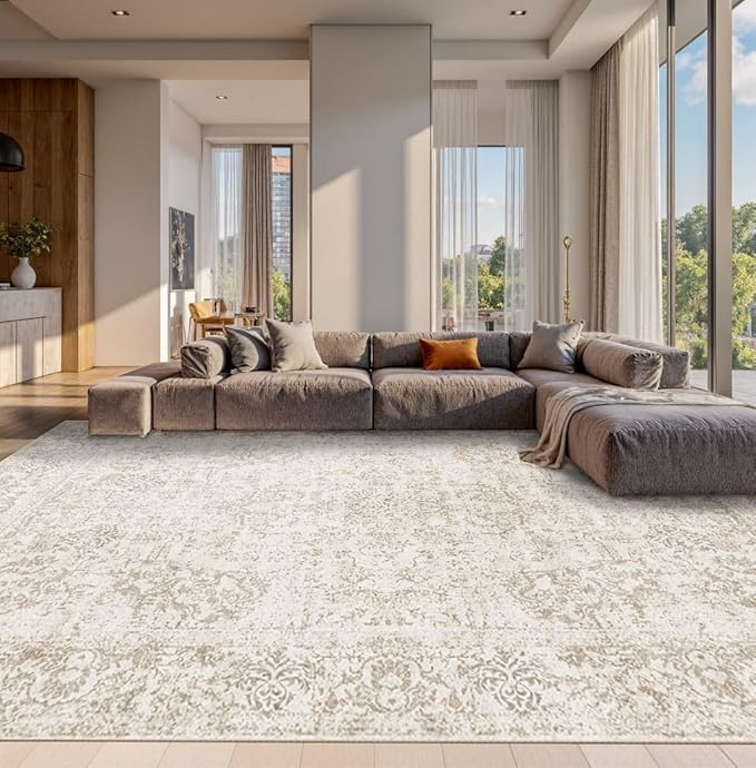 Rugxara 10x14 Washable Area Rug for Living Room, Extra Large,Green Vintage Floral Boho Rugs for Dining Room, Farmhouse, Durable Low Pile Non Slip Carpet for High Traffic Areas, Light Brown
