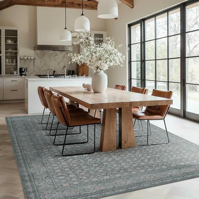 Area Rugs 5x7, Washable Rugs for Living Room, Vintage Boho Light Blue Rug for Dining Room, Dining Room, Kids Room and Farmhouse, Durable Low Pile Non-Slip Area Rug for High Traffic Areas(Blue)