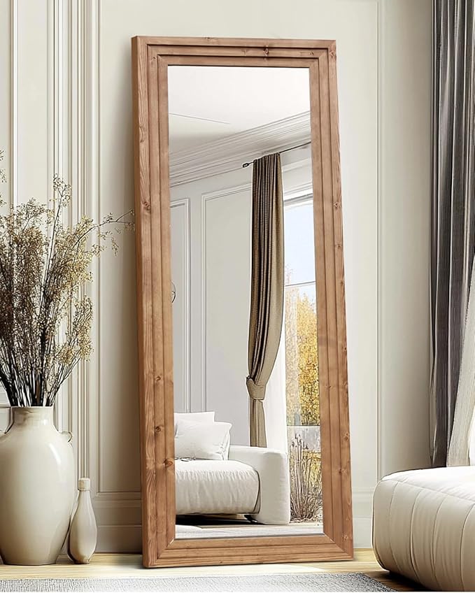 Full Length Mirror 65"x22" with Stand Solid Wood Frame Floor Large Mirror for Living Room, Bedroom Hanging Standing or Leaning Wall-Mounted, Light Brown