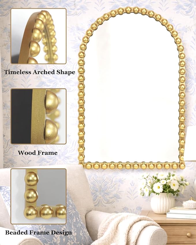 Gold Beaded Arched Wall Mirror 24x36 Inch, Vintage Decorative Arch Mirror with Beaded Frame, Accent Mirror for Entryway, Bathroom, Living Room, Bedroom, Fireplace