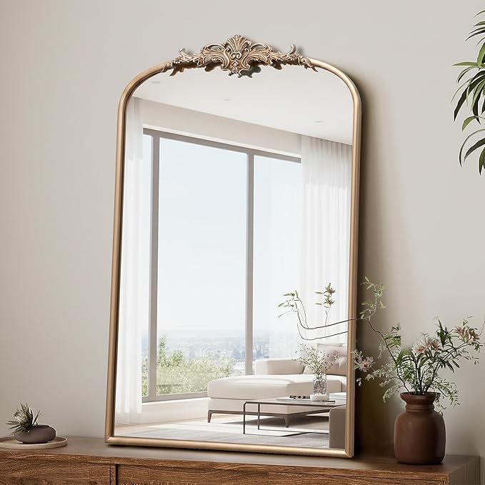 Besdomus Large Antique Wall Mirror: 24"x36" French Arched Champagne Gold Vintage Vanity Wall Mounted Mirror - Traditional Ornate Home Decor for Entryway/Bedroom/Bathroom - Baroque Idea for Housewife