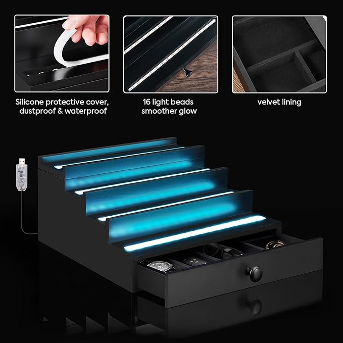 LED-Lighted Cologne Organizer for Men: Multi Lighting Modes Perfume Organizer with APP & Remote Control,4 Tier Wood Perfume Stand with Drawer and Hidden Compartment,Display Riser Shelf-Gift for Men