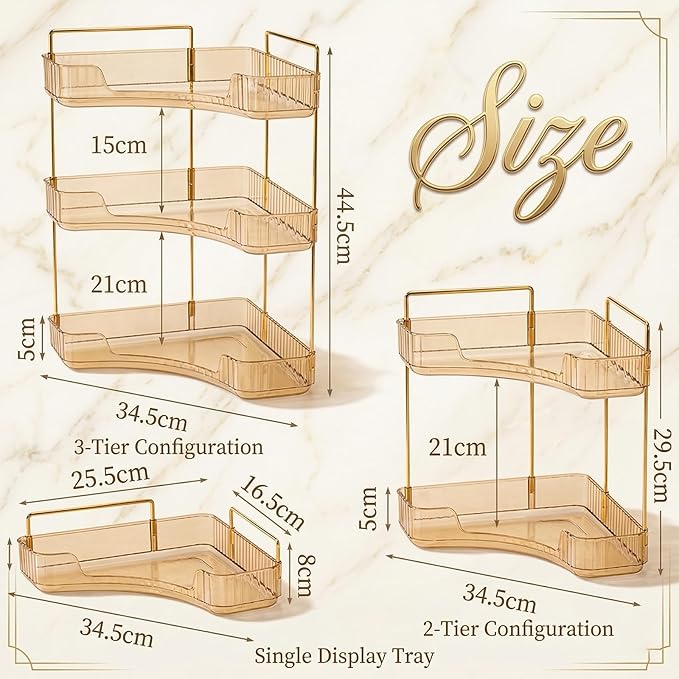 Multi-Tier Corner Countertop Organizer Rack, 90° Space-Saving Bathroom Makeup Organizer Countertop, Tool Free Acrylic Storage Rack for Bathroom, Vanity, Dresser, Makeup, Cosmetics (White-2-tier)