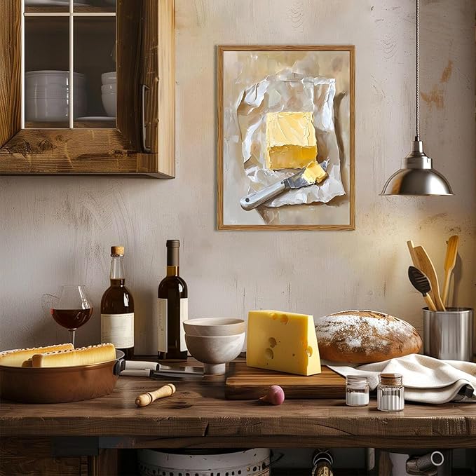 Framed Kitchen Wall Art, Vintage Butter Wall Decor Pictures, Rustic Farmhouse Food Paintings Canvas Prints for Dining Room Living Room Home Decoration 16x24 inch