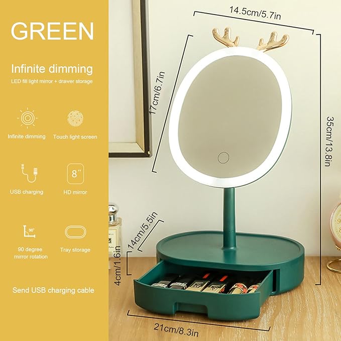 LED Makeup Mirror Stepless Dimming USB Rechargeable,Cosmetic Organizer Boxes90° Rotating Freestanding Mirror for Makeup,Touch Screen,Removable Makeup Mirror,Green