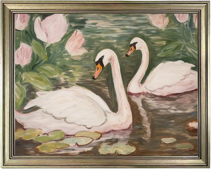 Swan Wall Art Vintage Framed Animal Wall Decor Pink and Green Girls Room Decor Girly Office Canvas Print Painting Home Artwork