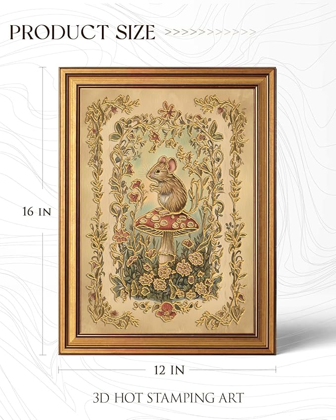 InSimSea Gold Framed Canvas Prints Wall Art, 3D Embossed Vintage Decor, Woodland Mouse on Mushroom Aesthetic Paintings, Farmhouse Wall Decor for Bedroom Living Room Bathroom Shelf, 12x16inch
