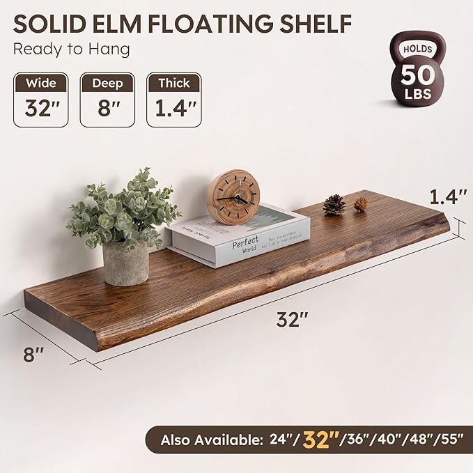 Live Edge Floating Shelves Set of 2, 32 Inch Solid Elm Wood Wall Shelves - Invisible Bracket Mount for Living Room, Bedroom, Kitchen, Bathroom | Vintage Rustic Decor