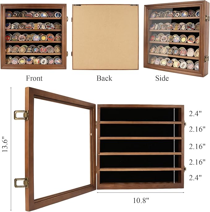 Military Challenge Coin Display Case Holder with HD Toughened Glass and Wall Mount, Wooden Coin Stand Rack with Removable 2 Grooves Shelves, Walnut…