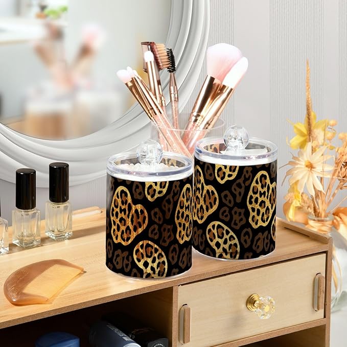 2 Pack Apothecary Jars Irregular Leopard Print Pattern Bathroom Vanity Storage Organizer Set,Small Clear Plastic Storage Jars Bathroom Canister for Cotton Swabs, Rounds, Balls, Qtips,Makeup Spo