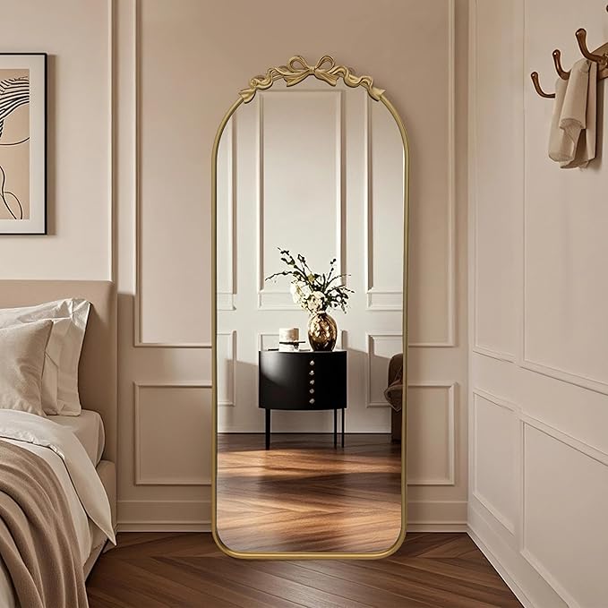 Besdomus Arched Mirror Full Length: 21"x56" Bow Gold Arch Floor Mirror - Antique Baroque Traditional Ornate Standing Mirror for Entryway/Cloakroom/Bedroom - Home Decor for Fashion-Conscious