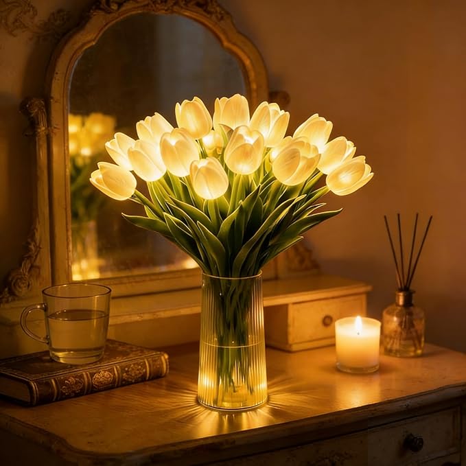 Radiant Romantic Tulip Light with a Vase, 15 PCS Twinkling Tree Tulips Led Night Light that Never Fade, Flower Shaped Ambient Night Lamp for Bedroom Bedside Decor & Gift (White)