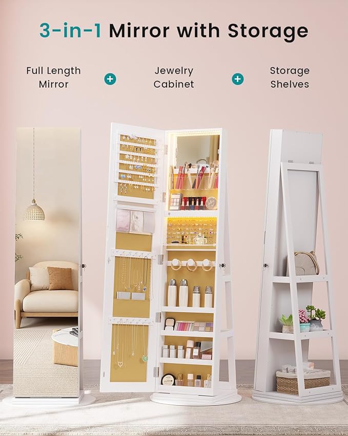 Vlsrka 360° Swivel Mirror Jewelry Cabinet, Large Jewelry Armoire Cabinet Standing, Lockable Full Length Mirror with Storage, 3 LED Lights, Foldable Makeup Shelf, Beige Velvet, White