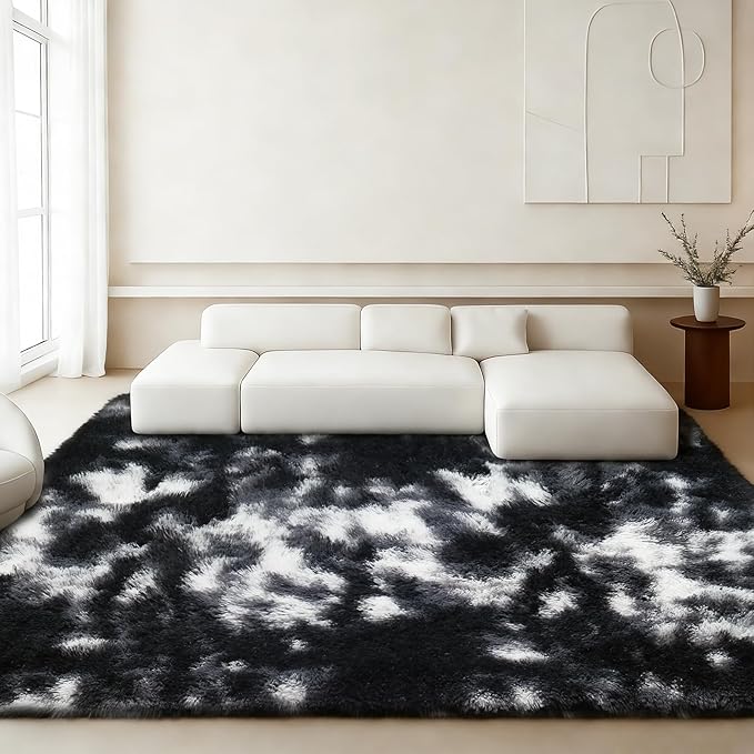 5x7 Plush Fluffy Area Rugs, Large Soft Carpet, Upgraded Non-Slip Rectangular Rug for Living Room, Bedroom, Kids Room, Dorm, Modern Home Decor Aesthetic,Black White Grey.
