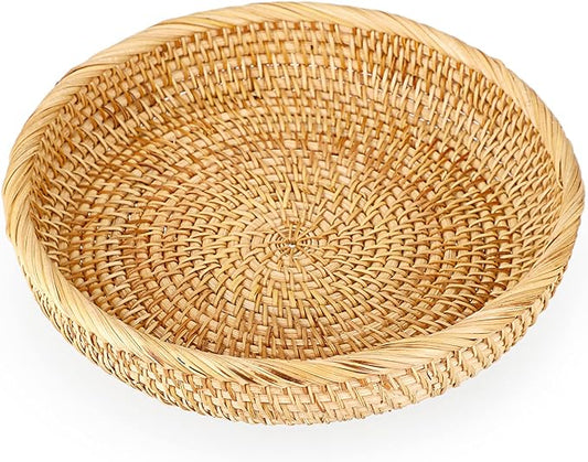 Hipiwe Small Round Keys Basket Bowl for Entryway 8.6" Hand-woven Wicker Storage Basket Rattan Decorative Basket Fruit Candy Cake Food Serving Baskets Tray for Keys, Wallet, Cell Phone