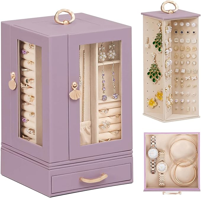 Enthralite Jewelry Box Large for Dresser: Women Necklace Ring Storage Organizer with Compartments - Elegant Earring Holder Display - 360° Rotating Jewelry Organizer with Glass Door