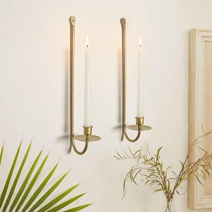 Wall Candle Holders Set of 2 Handcrafted Wrought Iron Sconces with Gold Finish, Easy to Install Modern Candle Holders for Living Room, Bedroom, Hallway, Wedding or Holiday Decor