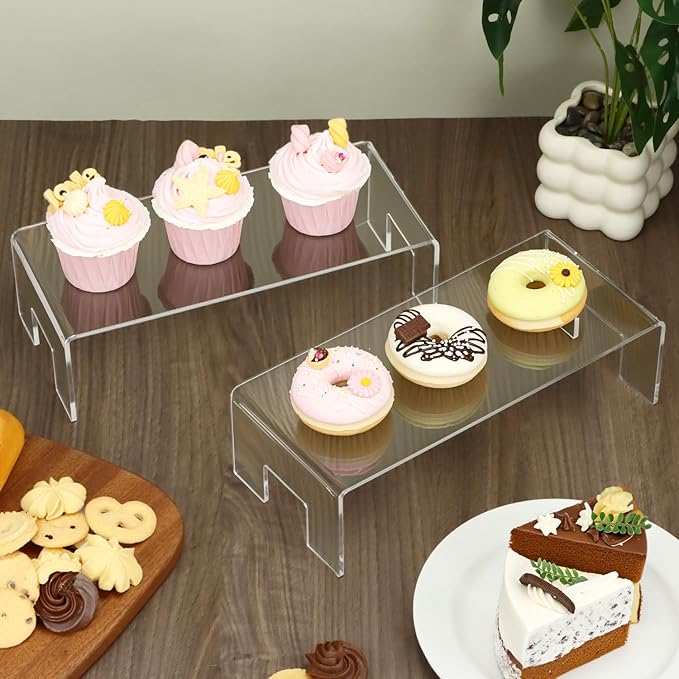 QWORK Clear Acrylic Display Risers Stand, 2 Pack 5mm Thick Transparent Showcase Shelves for Dessert Cupcakes Perfume Toys Cosmetics Jewelry Collectibles, 12x5x3.3 Inch Display Shelf
