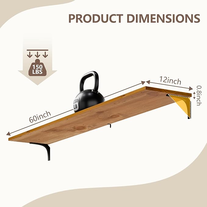 12 Inch Deep Floating Shelves Set of 2, 60 Inch Extra Wide Solid Wood Wall Shelves, Heavy Duty Wall Mount Bookshelf with 100 lbs Capacity, Farmhouse Rustic Storage for Kitchen & Living Room
