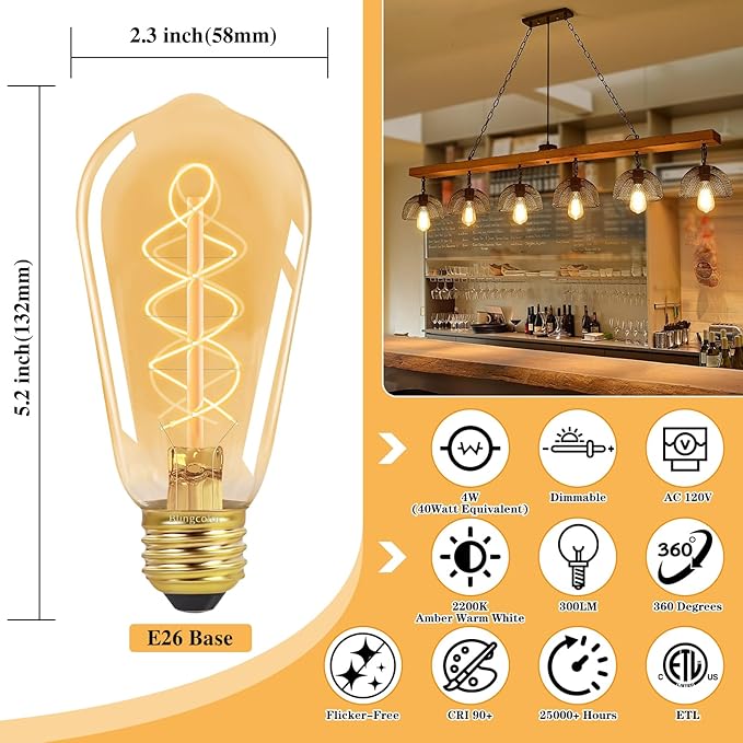 BLINGCOLOR E26 LED Vintage Edison Light Bulbs 40W Equivalent, 4W Dimmable E26 LED Edison Bulb 2200K Amber Warm Light Bulb, ST58 Antique Spiral Decorative Bulb for Pendant Light Fixture, CRI90, 4 Pack
