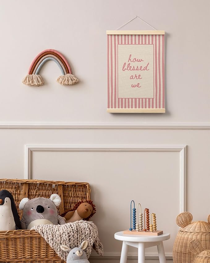 FGFK Trendy Pink Christian How Blessed Are We Wall Art Poster Hanger Frame, Retro Pink Striped Religious Bible Verse Canvas Prints Framed Wall Decor for Home Girls Room Bedroom, 12x16 Inch