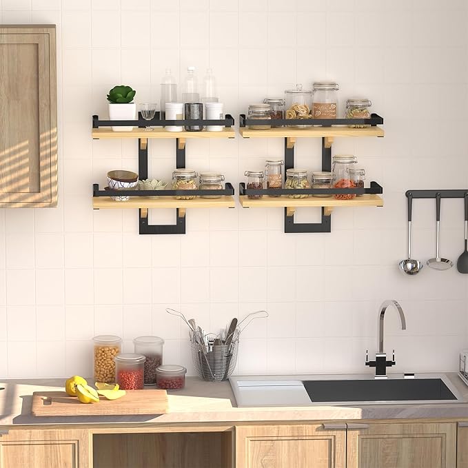 Floating Shelves for Wall, 2-Tier Wood Hanging Decor Storage Shelves, Wall Mounted Floating Shelf for Living Room, Bedroom, Bathroom, Kitchen, Office, Study (2-Pack Wood)