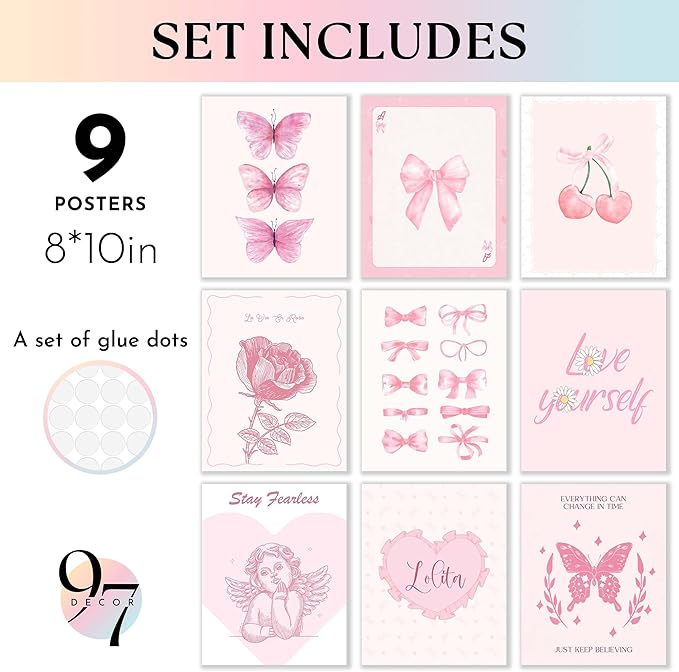 97 Decor Pink Coquette Room Decor Aesthetic - Vintage Coquette Wall Decor, Cute Coquette Posters For Girls Dorm Decorations, Girly Wall Art Prints Bow Pictures For Bedroom (8x10 Unframed)