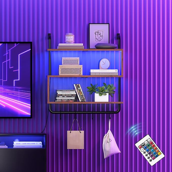 HOOBRO Floating Shelves with LED Lights, 29.5" LED Wall Mounted Gaming Shelf, 3-Tier Pipe Display Rack with Hanging Rod and 4 S-Hooks, for Storage Livingroom, Bedroom, Rustic Brown and Black BF21DBJ01