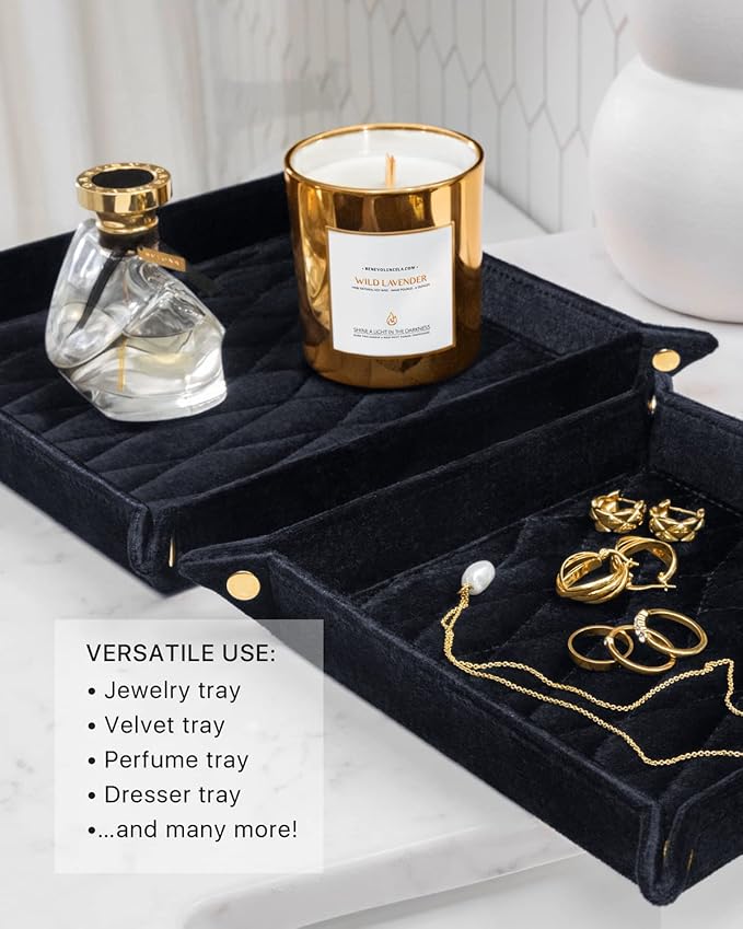 Benevolence LA Perfume & Jewelry Trays for Dresser, Set of 2 | Vanity Valet Organizer, Catch-All Tray for Makeup & Accessories | Decorative Desk & Dressing Table Organizer – Ebony