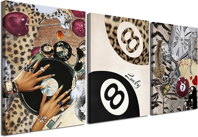 Fashion Cheetah Wall Art Set of 3 Leopard Wall Decor Pictures Lucky 8 Ball Poster Canvas Painting Prints Dark Red Cheetah Artwork for Bedroom Living Room Framed 12x16 inch