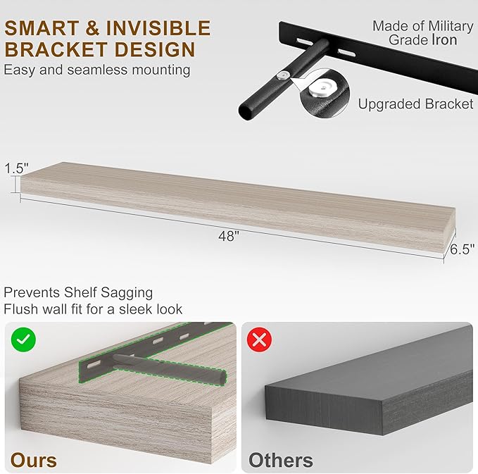 Fun Memories Floating Shelves for Wall, 48Inch Long Floating Shelves Set of 2, Hanging Shelf with Invisible Brackets, Wood Shelves for Living Room, Bedroom, Kitchen, Grey