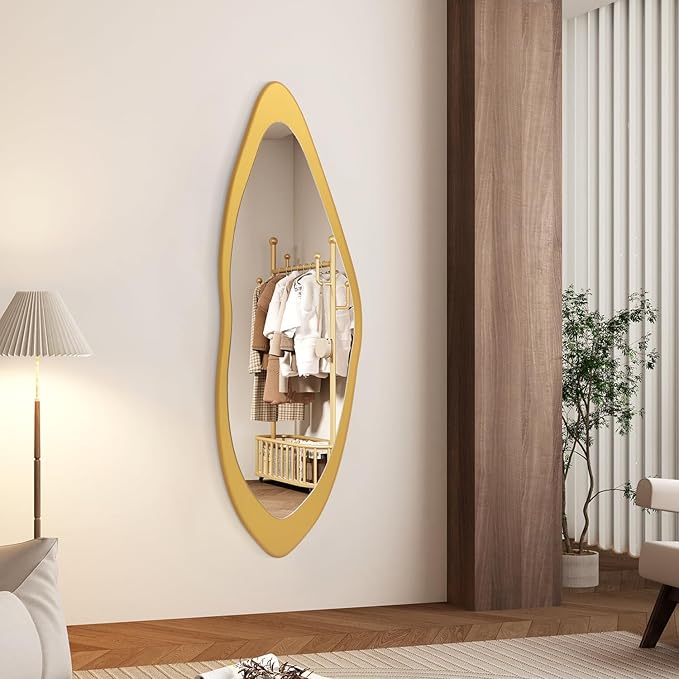 AAZZKANG Gold Irregular Full Length Mirror Large Wood Framed Mirrors 47"x16" Asymmetrical for Bedroom Living Room Bathroom Dressing Room Entryway