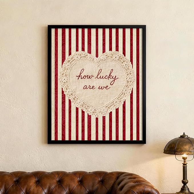 How Lucky Are We Wall Art Red Stripe Affirmation Quotes Poster Coquette Love Lace Heart Canvas Print Fashion Preppy Aesthetic Wall Decor Valentines Day Couple Gift 12X16 inch Aluminum Framed