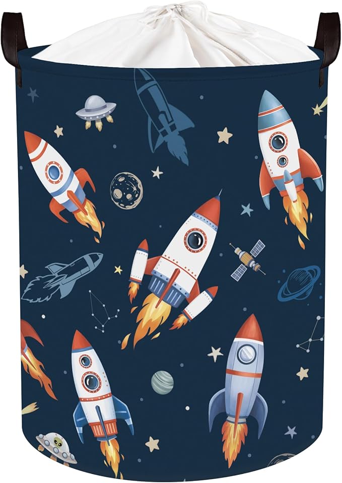Clastyle Cosmic Space Kids Book Storage Basket Planet Clothes Laundry Basket Parents Gift Toy Box for Bedroom Shower, Rocket, 36x45 cm