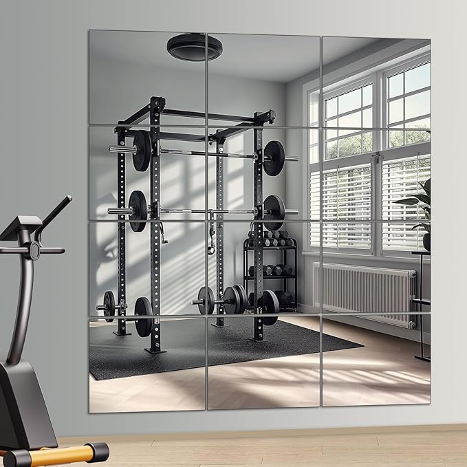 Full Length Wall Mirrors, Home Gym Mirror for Gym, 12Pcs 14"x 12" Glass Mirror Tiles, Self Adhesive HD Glass Full Body Wall Mirrors for Wall Decor, Bedroom, Living Room, Over The Door