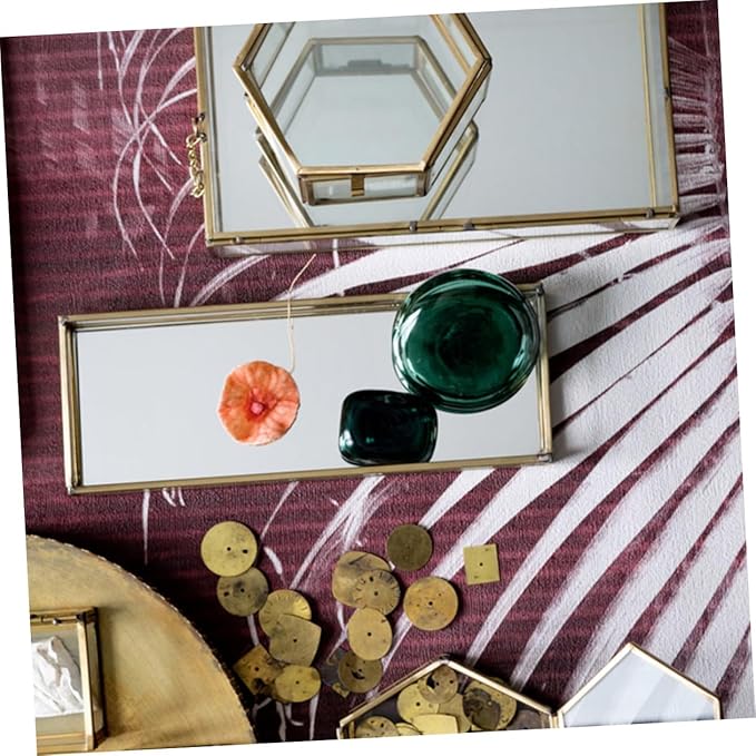Uonlytech Vintage Geometric Glass Jewelry Storage Box with Golden Trim Desktop Organizer for Earrings Rings Necklaces Elegant Display Case for Wedding Favors and Makeup Storage