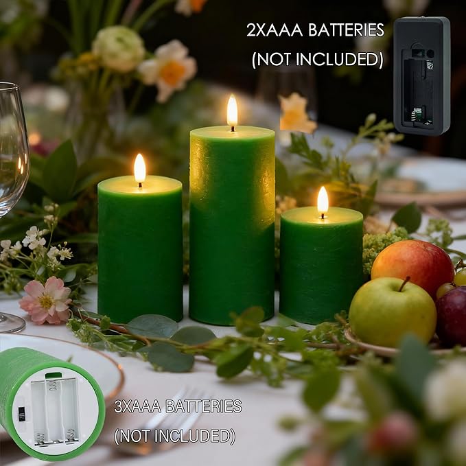 LUSHARBOR LUSHABOR Green Flameless Candles, Battery Operated Candles for St. Patrick’s Day, Real Wax LED Fake Candles for Spring Decor Party Centerpiece Green Set of 3