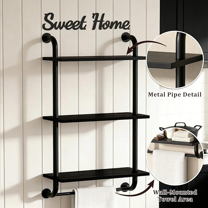 Tinpin Bathroom Shelves Wall Mounted, Rustic Farmhouse Pipe Shelves, Walls Shelf 3-Tier, Industrial Pipe Shelving, Floating Shelf Wall Decor for Bathroom, Kitchen, Bedroom, Living Room 17.3in Black
