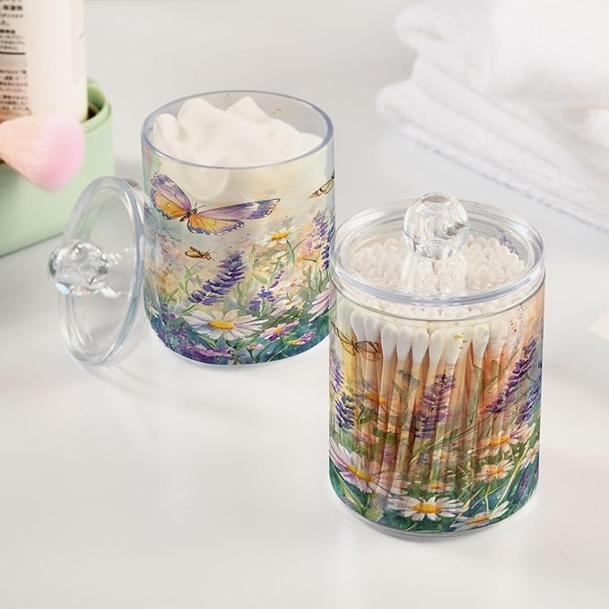 Nander 2Pack Beautiful Spring Wildflowers and Butterflies Qtip Holder Dispenser -Clear Plastic Apothecary Jars Set - Restroom Bathroom Makeup Organizers Containers for Cotton Swab, Ball, Pads, Floss