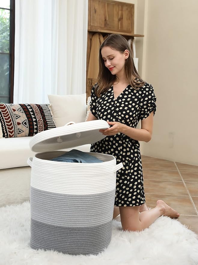 16”x16”x20” Rectangular Extra Large Storage Basket with Lid, Cotton Rope Storage Baskets, Laundry Hamper, Cloth Bin, for Clothes Towels Blankets Storage in Living Room, Light Grey/Grey
