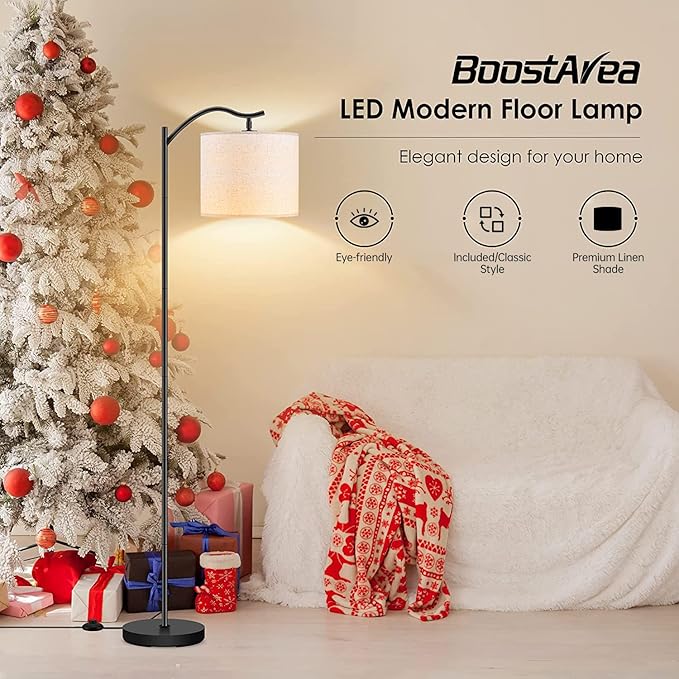 BoostArea Floor Lamp for Living Room,LED Arched Floor Lamps,Modern Standing Lamp with Beige Linen Shade,Footswitch,Mid Century Floor Lamp for Bedrooms,Study Room,Office(Bulb Not Incl)